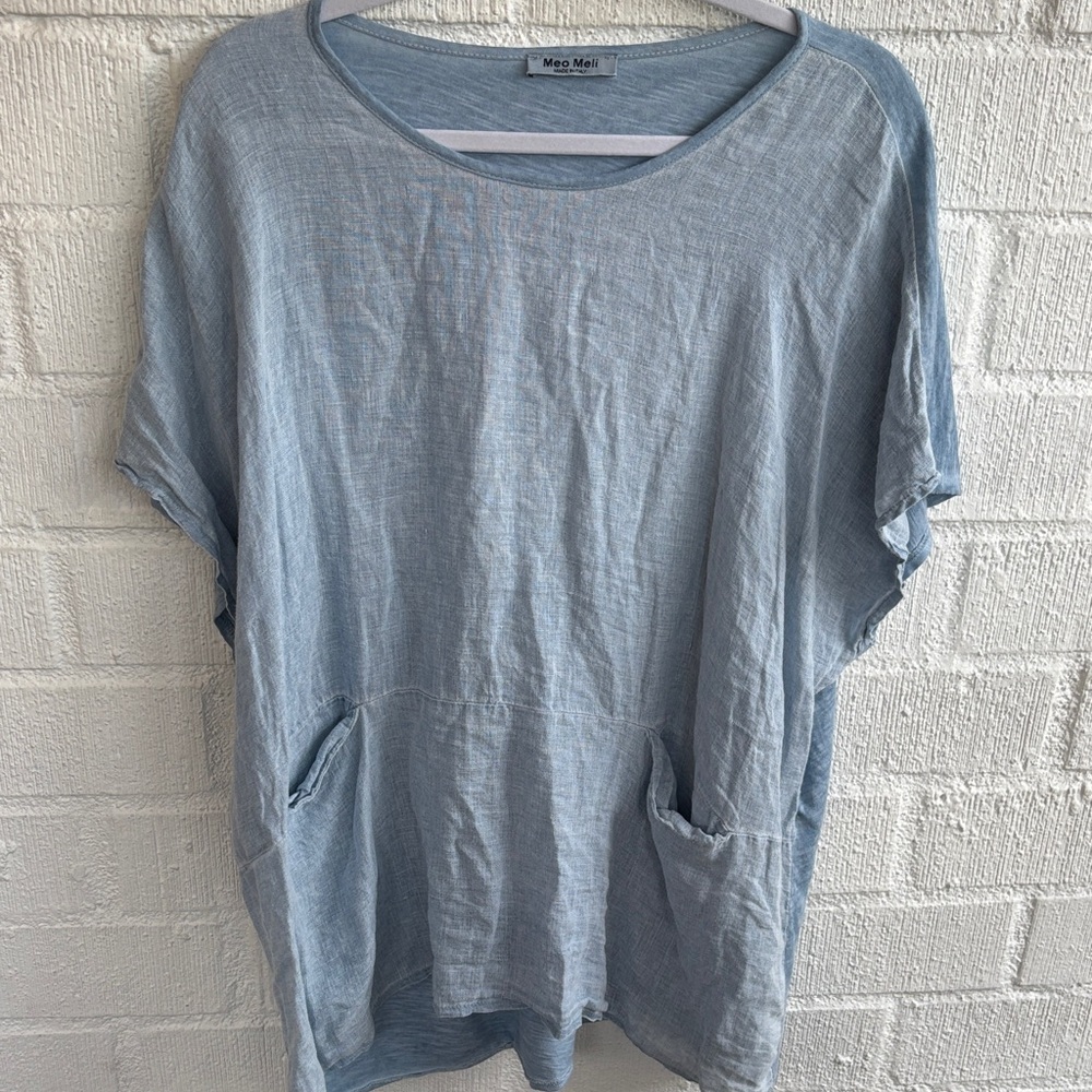 Meo Meli Linen Cotton Light Blue Made in Italy Tunic Top sz OS